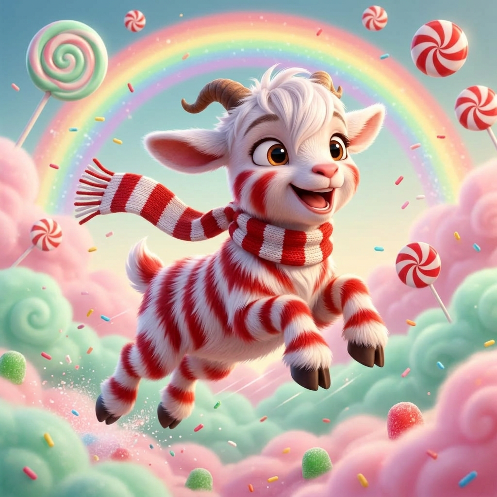 Peppermint — a small red-and-white striped goat, alone and beaming